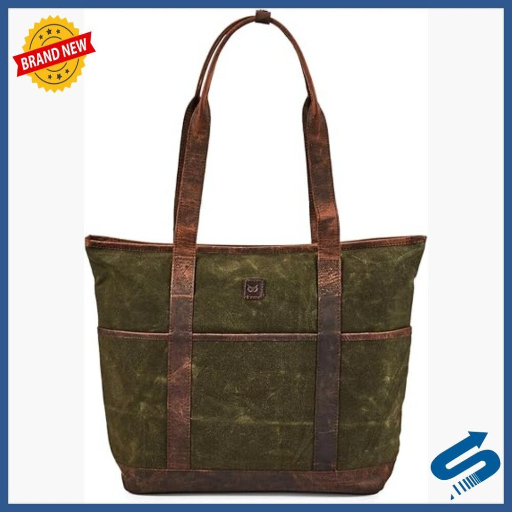 Large Waxed Canvas Tote Bag with Leather Trim, 8 Pockets for Work & Travel